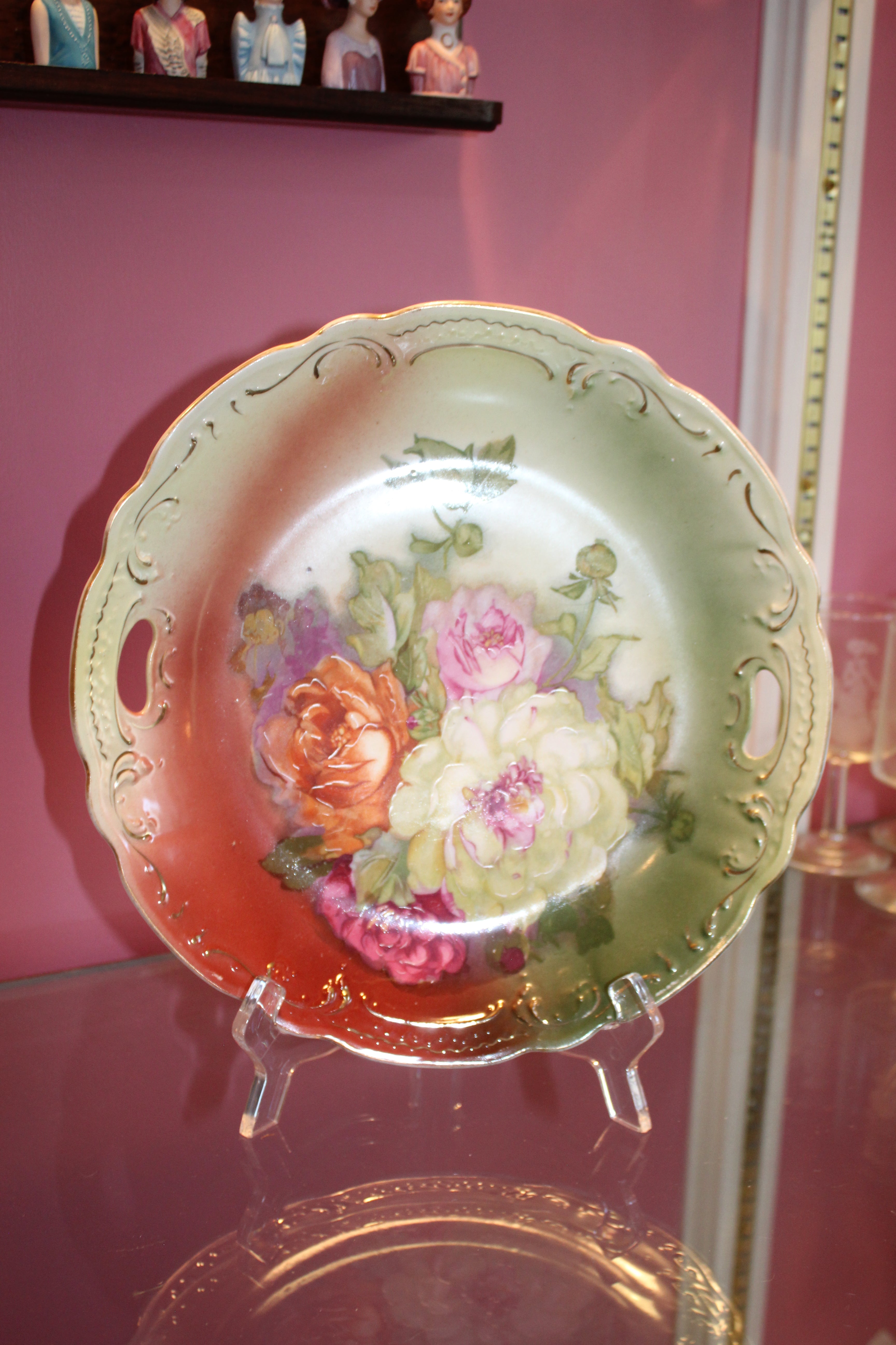 Vintage Hand-Painted Floral Porcelain Serving Plates – Set of 2 Scalloped Handle Plates 10.5”