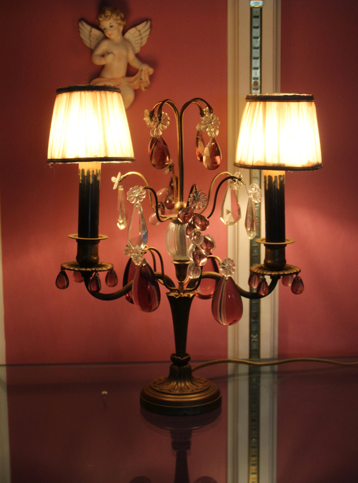 Vintage 2-Arm Brass Candelabra Table Lamp with Amethyst & Clear Crystal Prisms