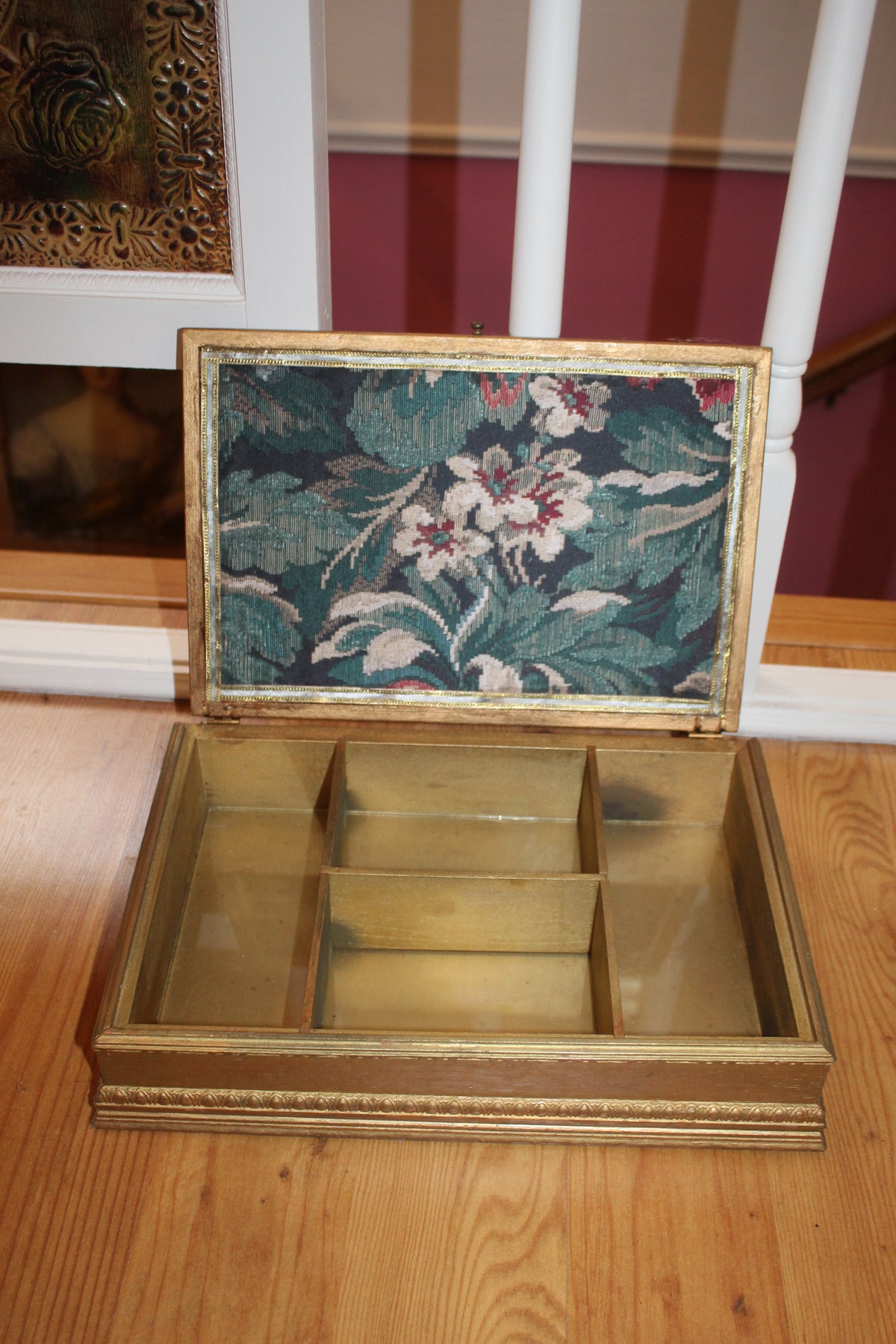 Vintage Ornate Gold Jewelry / Keepsake Box with Portrait Medallion & Divided Interior