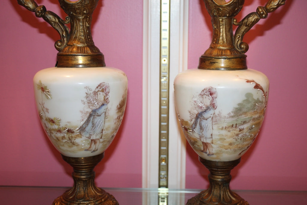 Pair of Vintage Victorian-Style Decorative Ewers – Porcelain & Ornate Metal Mantel Pitchers