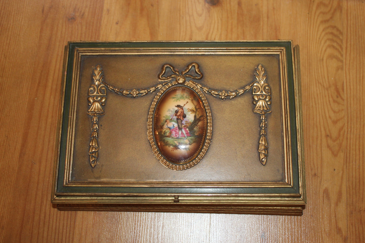 Vintage Ornate Gold Jewelry / Keepsake Box with Portrait Medallion & Divided Interior
