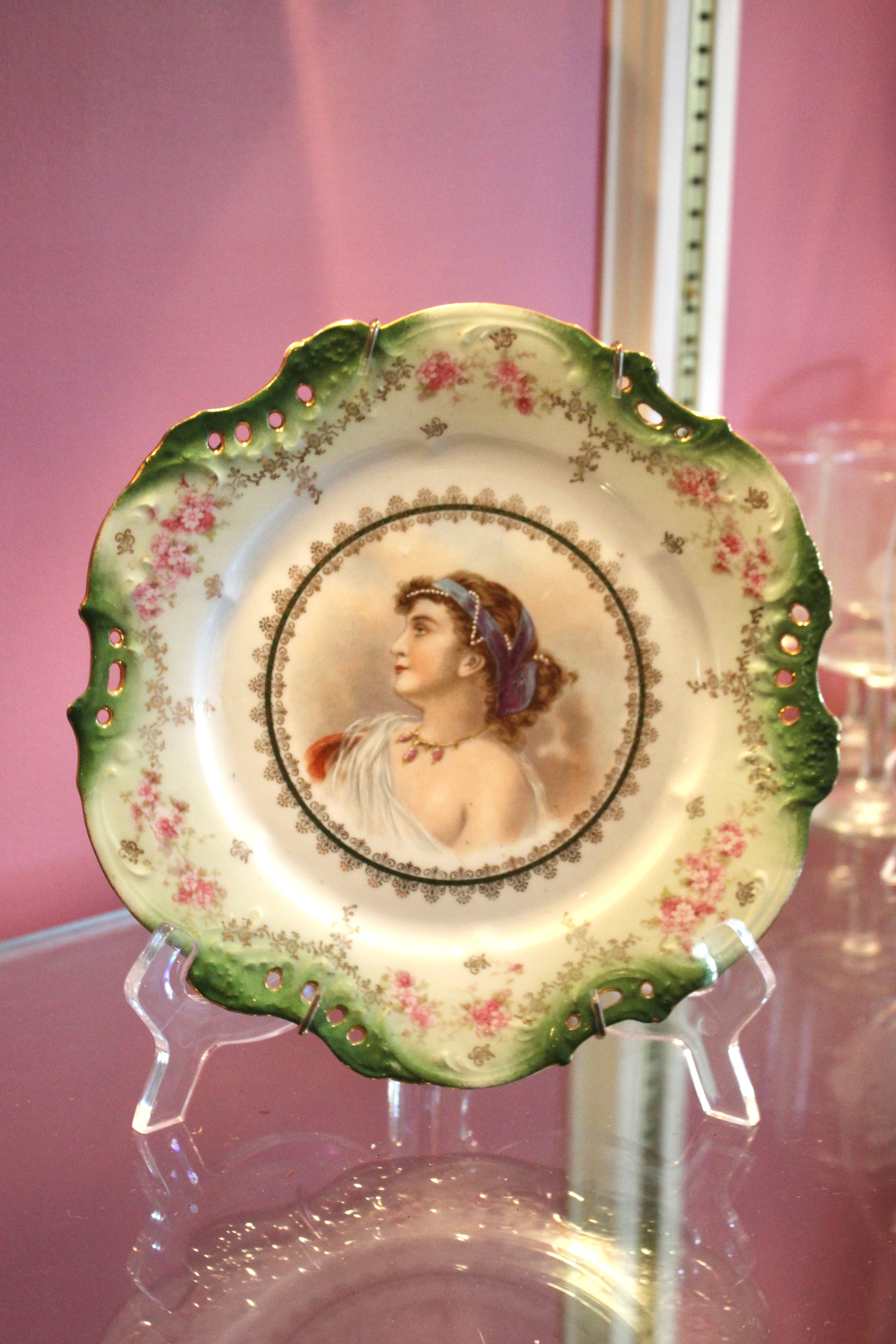 Vintage Portrait Porcelain Cabinet Plate with Pierced Rim – 8 Inch