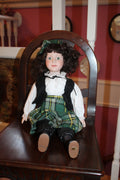 Vintage Irish Lass Porcelain Doll – Green Tartan Plaid Outfit, Dark Curly Hair