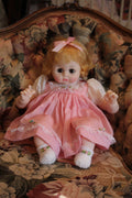 Vintage Baby Doll in Pink Lace Dress with Blonde Hair & Bow – Heirloom Collector Doll