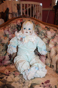 Vintage Kay McKee “Klowns by Kay” Musical Porcelain Baby Clown Doll – Aqua Satin – When You Wish Upon a Star