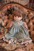 Vintage Heirloom Doll in Sage Green & Peach Floral Dress – Lace Trim & Brunette Hair