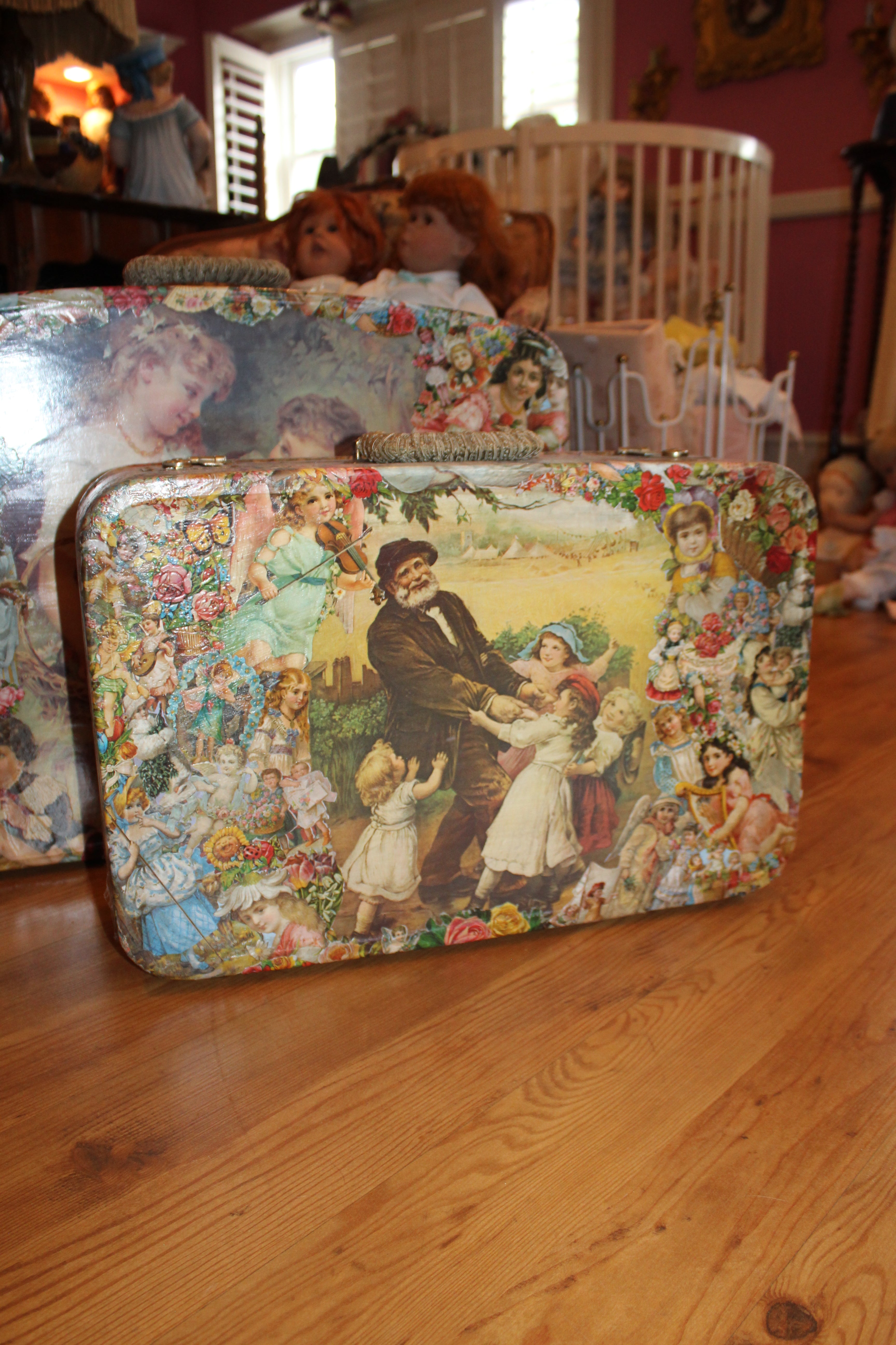 Vintage Decorative Suitcase Set (2 Pieces) – Storybook Decoupage Design