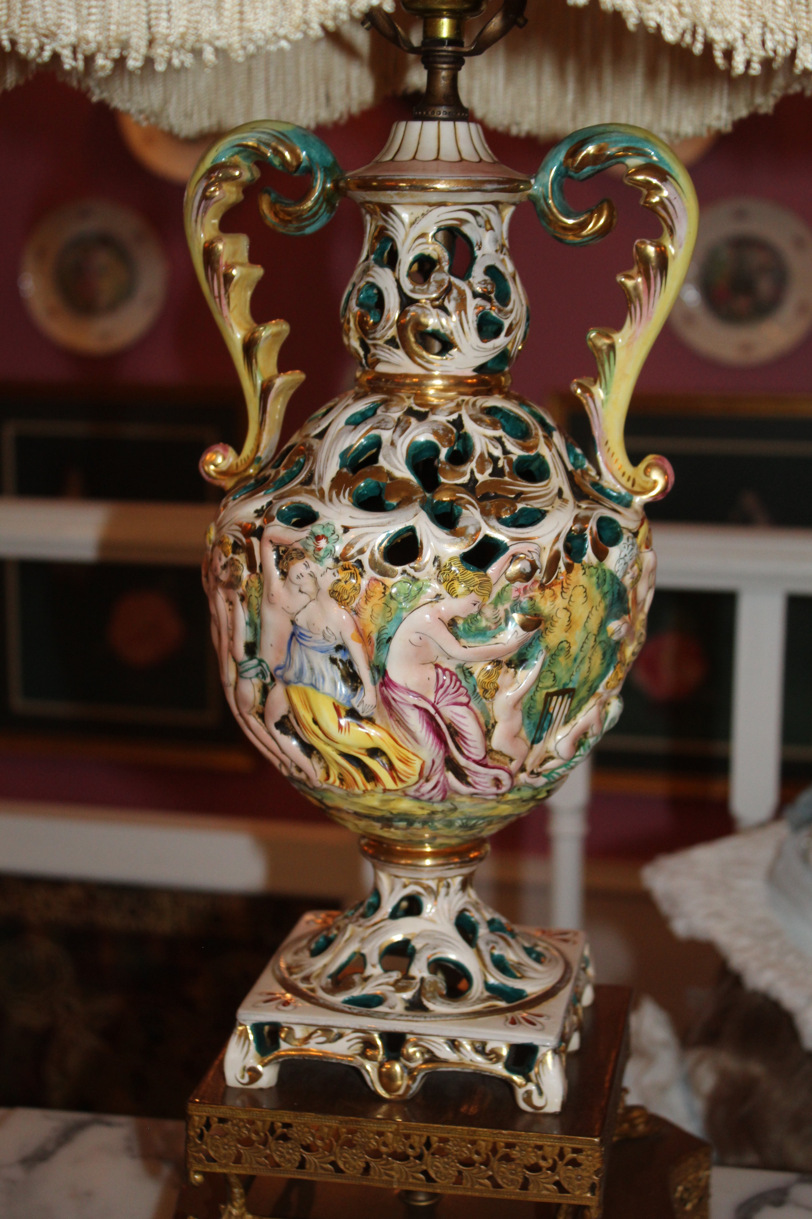 Pair of Vintage Capodimonte Style Porcelain Table Lamps with Shades – Figural Cherub Design