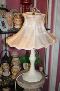 Vintage Boudoir Table Lamp – White Ceramic Base with Pink Cream Scalloped Fabric Shade & Crystal Finial