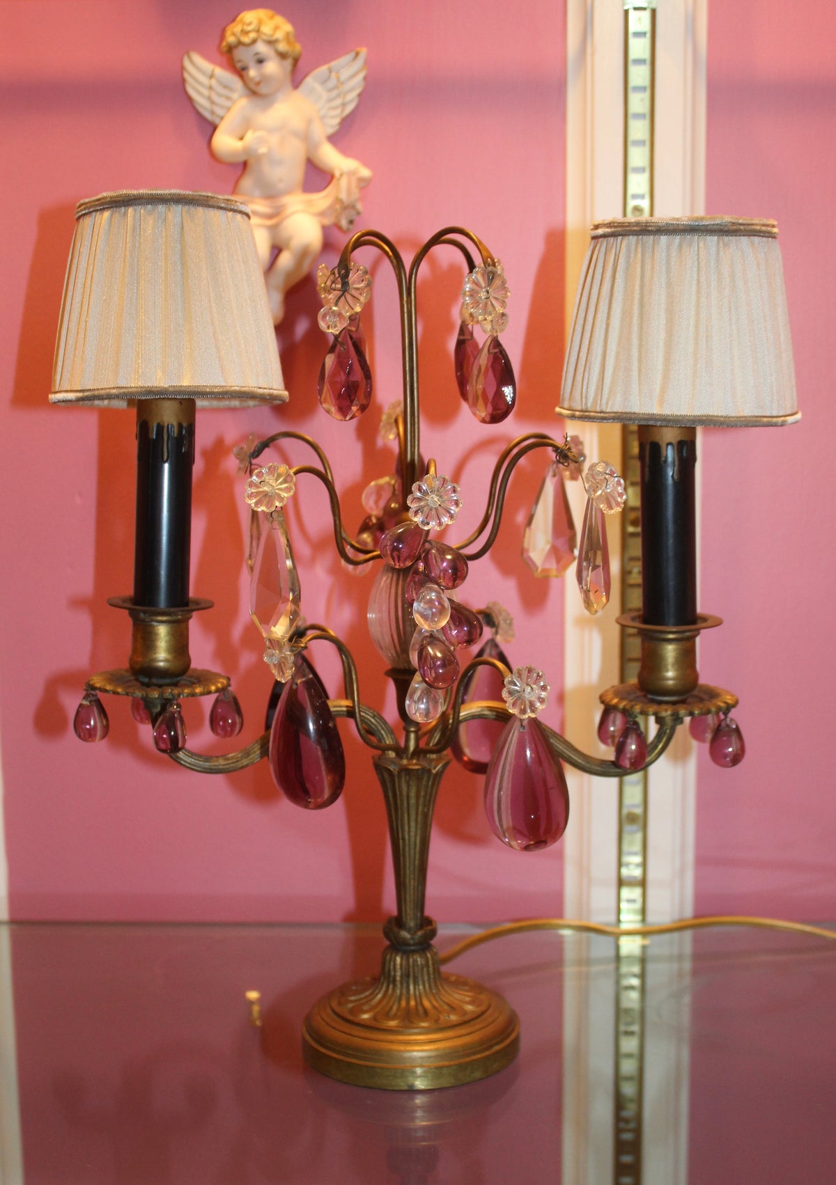 Vintage 2-Arm Brass Candelabra Table Lamp with Amethyst & Clear Crystal Prisms