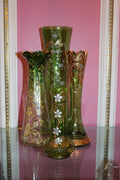 Set of 4 Vintage Green Hand-Painted Art Glass Vases with Gold Gilt Accents
