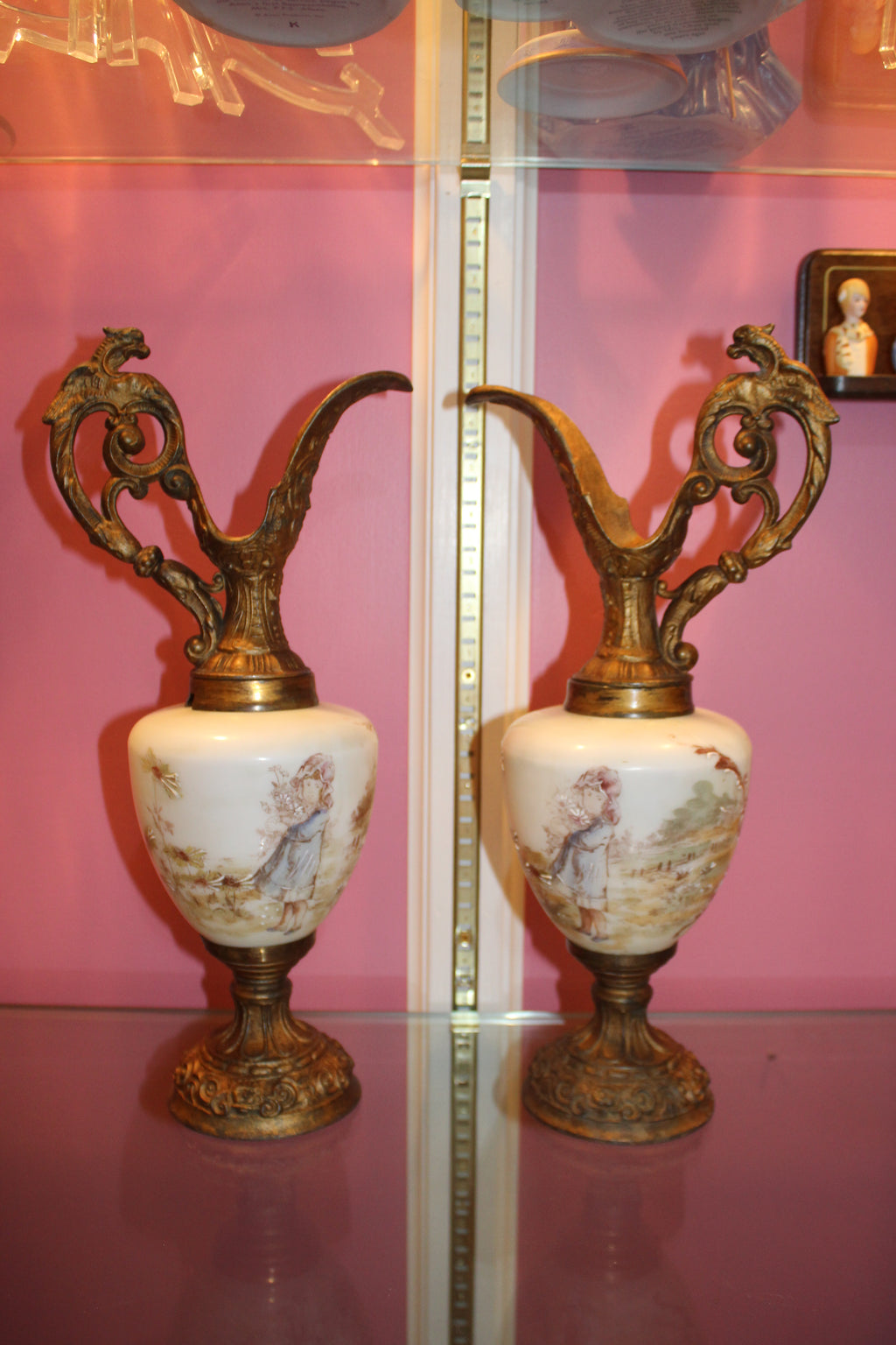 Pair of Vintage Victorian-Style Decorative Ewers – Porcelain & Ornate Metal Mantel Pitchers