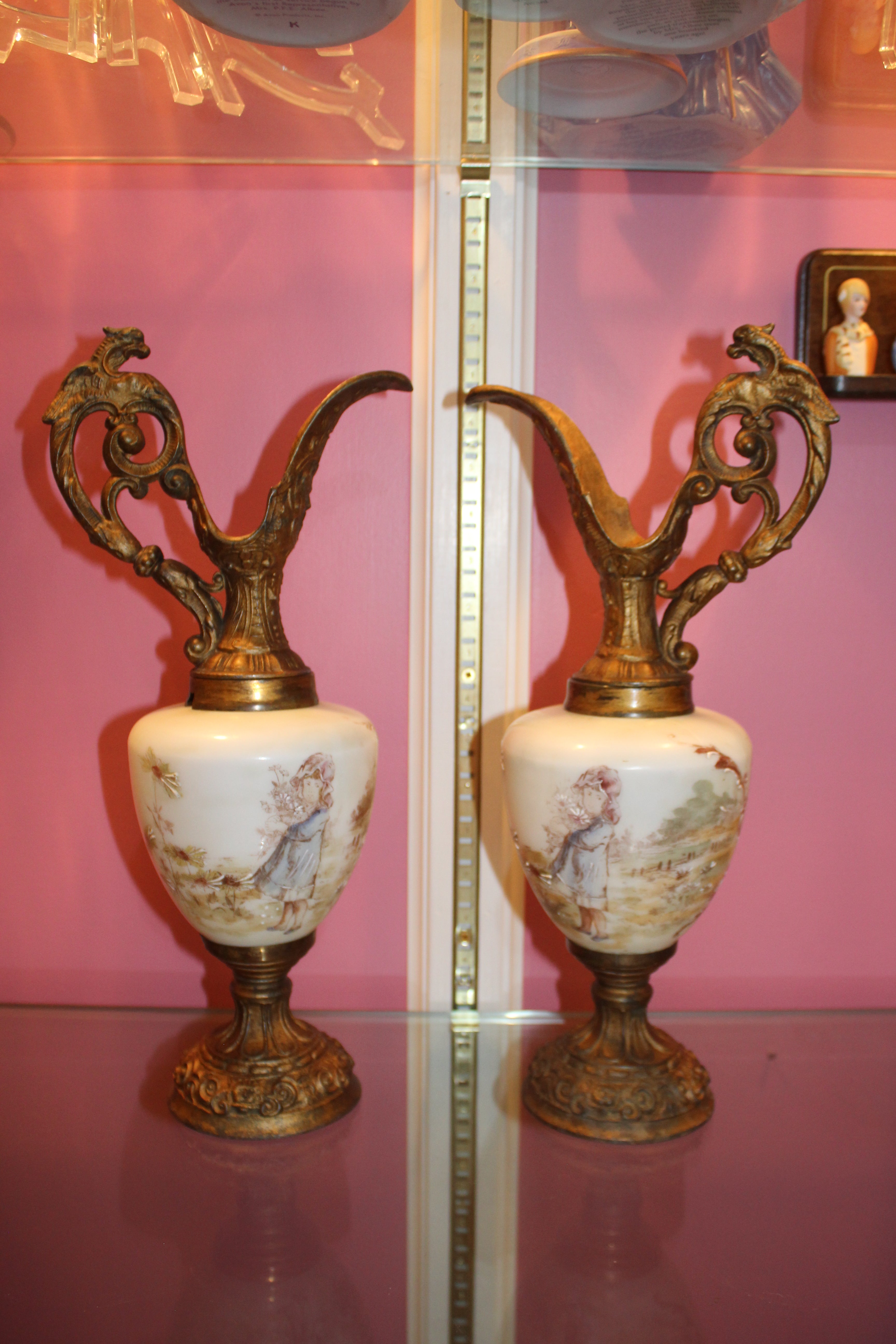 Pair of Vintage Victorian-Style Decorative Ewers – Porcelain & Ornate Metal Mantel Pitchers