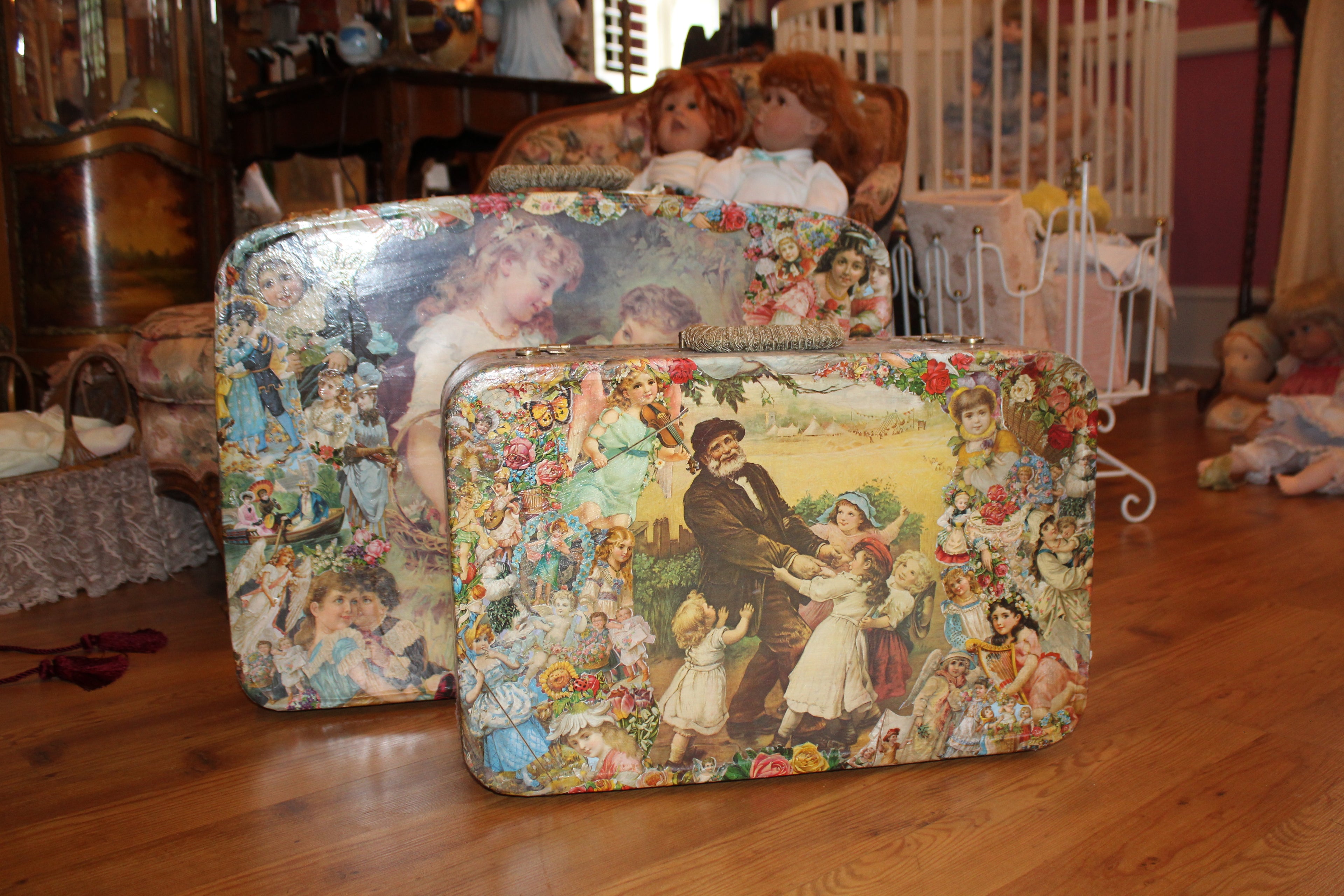 Vintage Decorative Suitcase Set (2 Pieces) – Storybook Decoupage Design