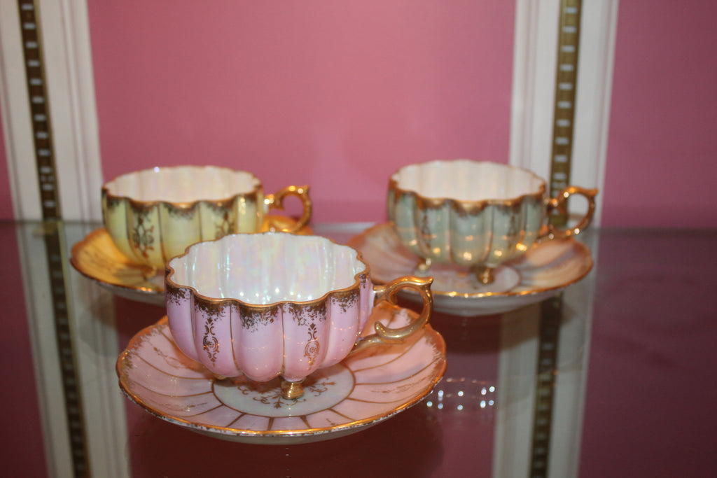 Set of 3 Vintage Royal Sealy Japan Lusterware Footed Teacup & Saucer Sets – 1940s–1950s