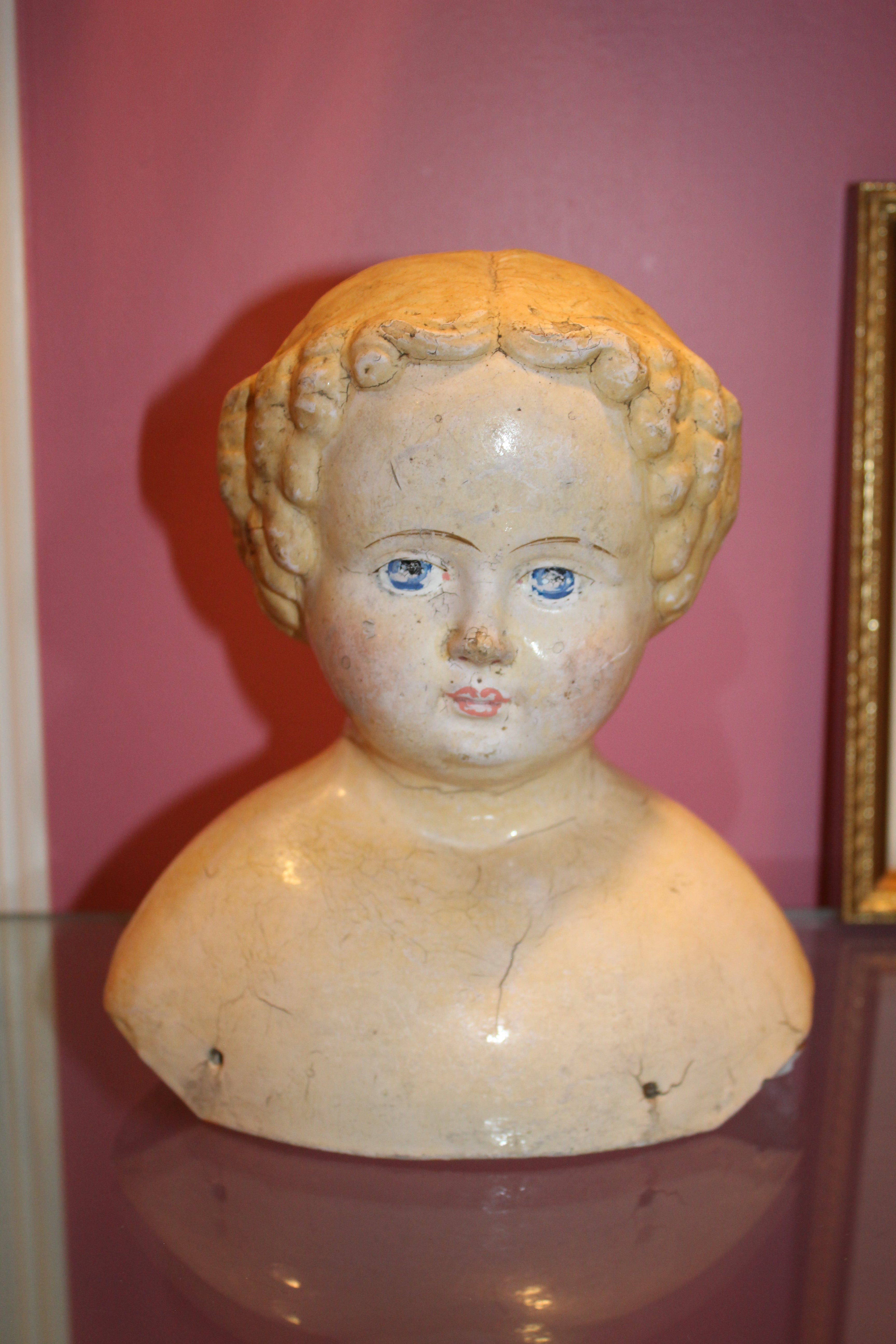 Antique Papier-Mâché Shoulder Head Doll Bust – Mid-19th Century (c. 1840–1870)