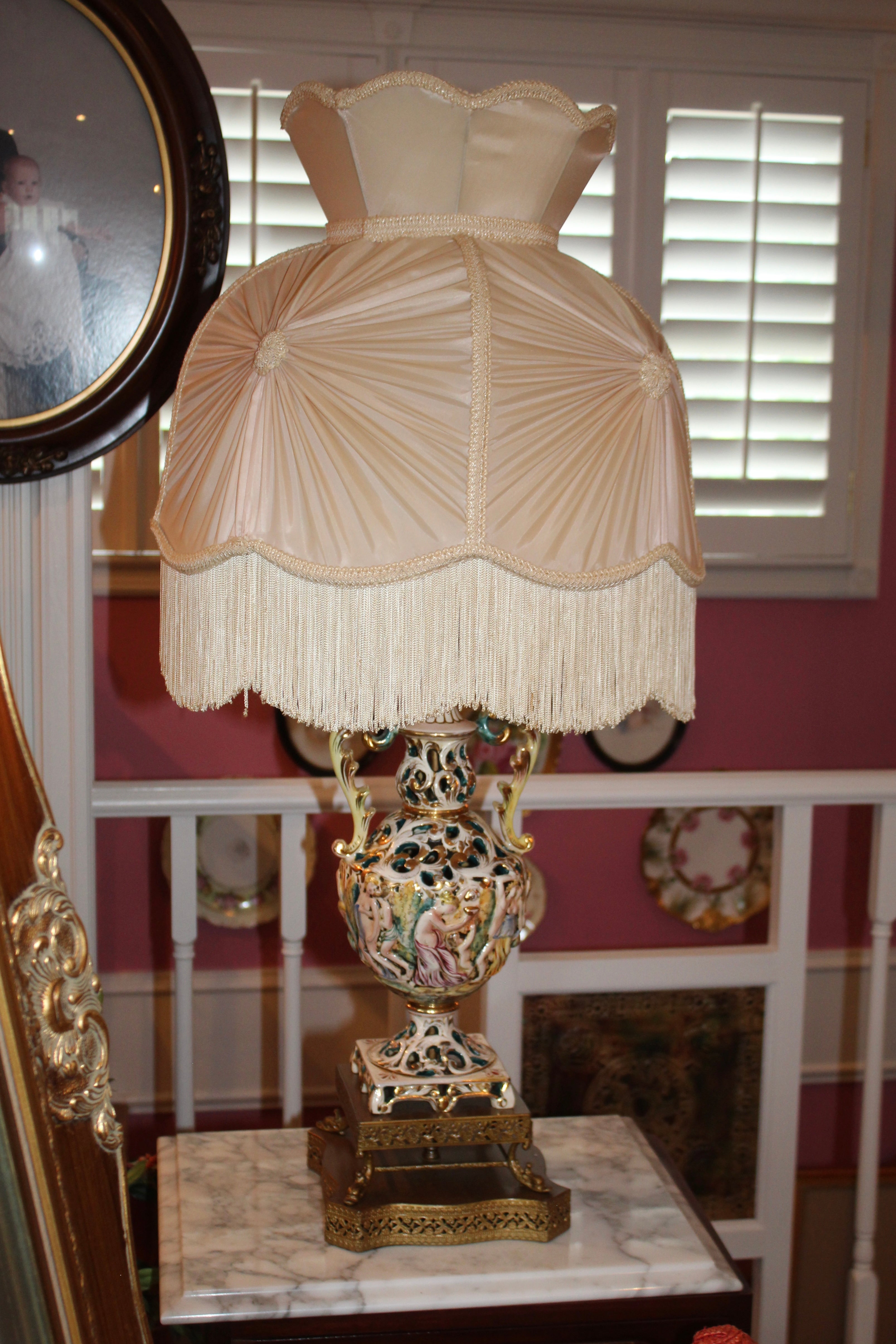 Pair of Vintage Capodimonte Style Porcelain Table Lamps with Shades – Figural Cherub Design