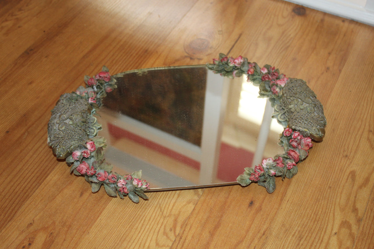 Vintage Floral Mirrored Vanity Tray with Ornate Handles – Pink Rose Decor