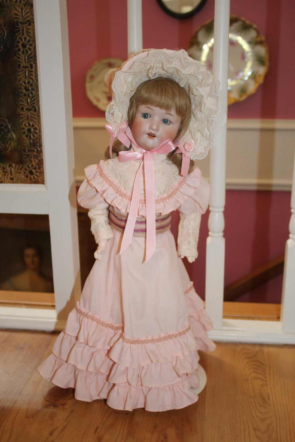 Vintage Porcelain Girl Doll in Pink Ruffled Dress & Lace Bonnet – Collector Doll
