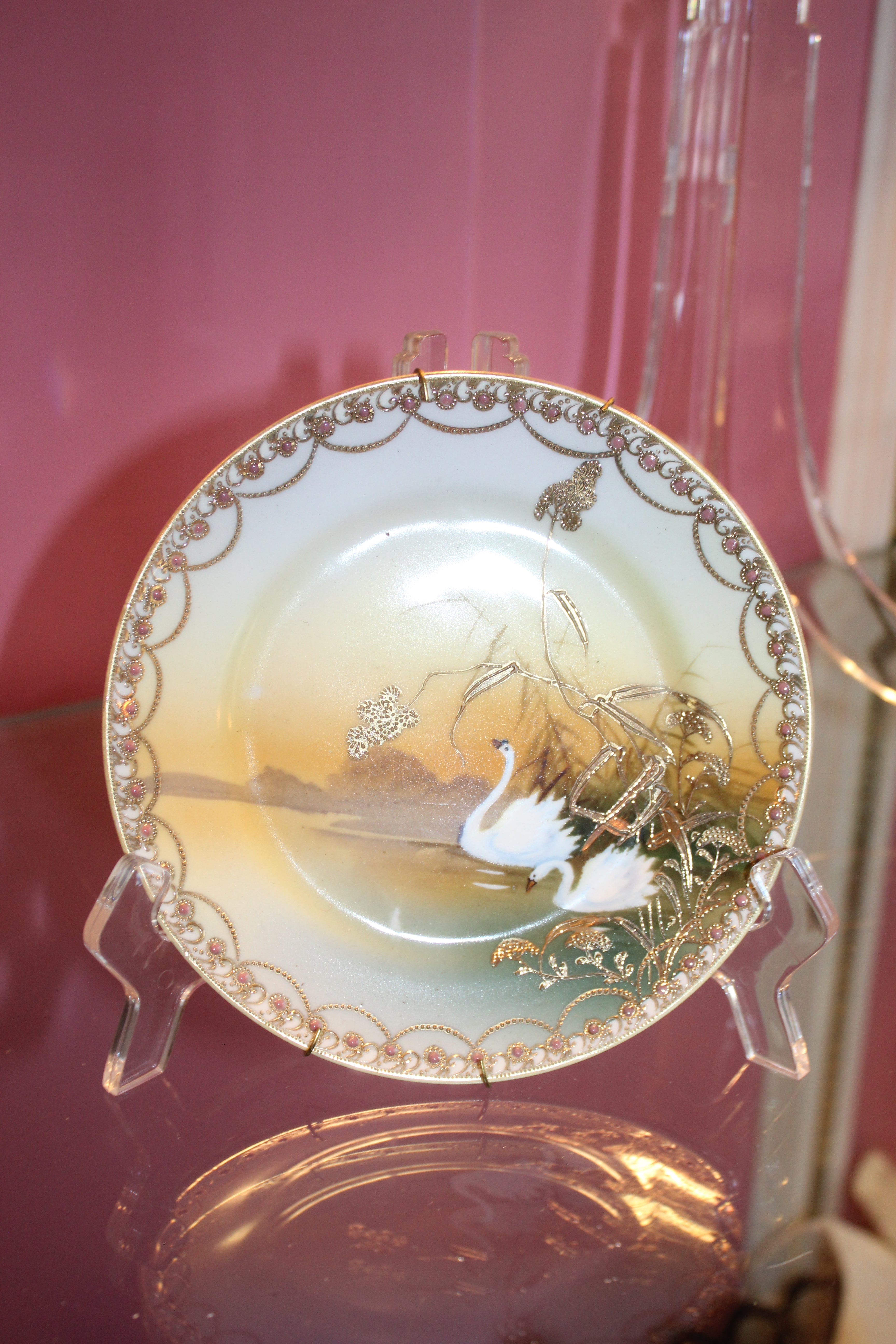 Vintage 6.5” Hand-Painted Swan Porcelain Cabinet Plate with Gold Enamel Detail