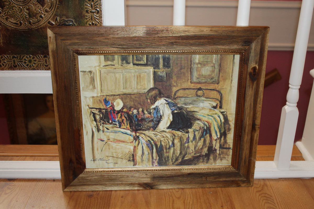 Vintage-Style Child with Dolls Framed Print – Rustic Wood Frame – 14” x 14”