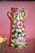 Antique Hand-Painted Nippon Double Handle Floral Vase with Raised Gold Detail