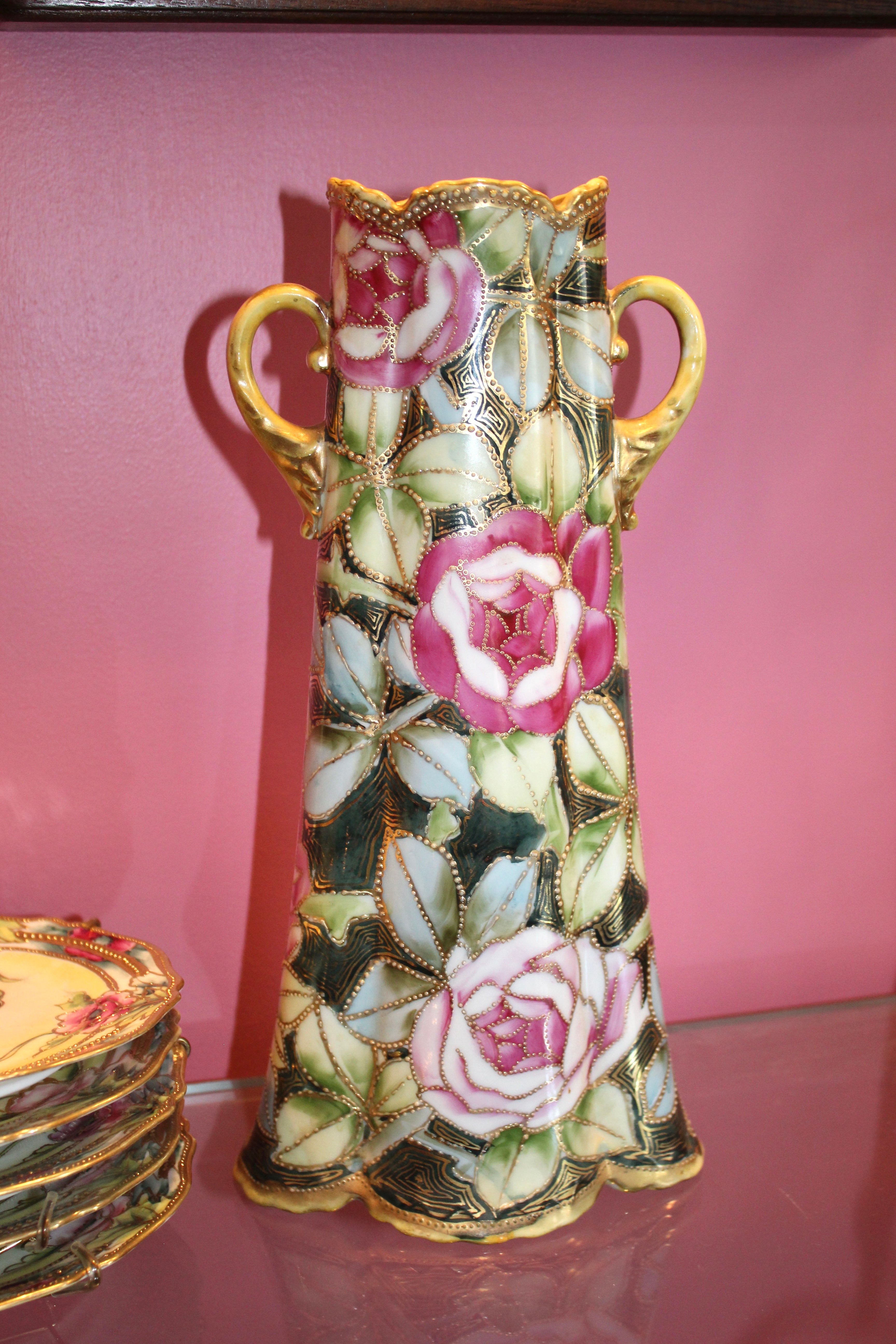 Antique Hand-Painted Nippon Double Handle Floral Vase with Raised Gold Detail