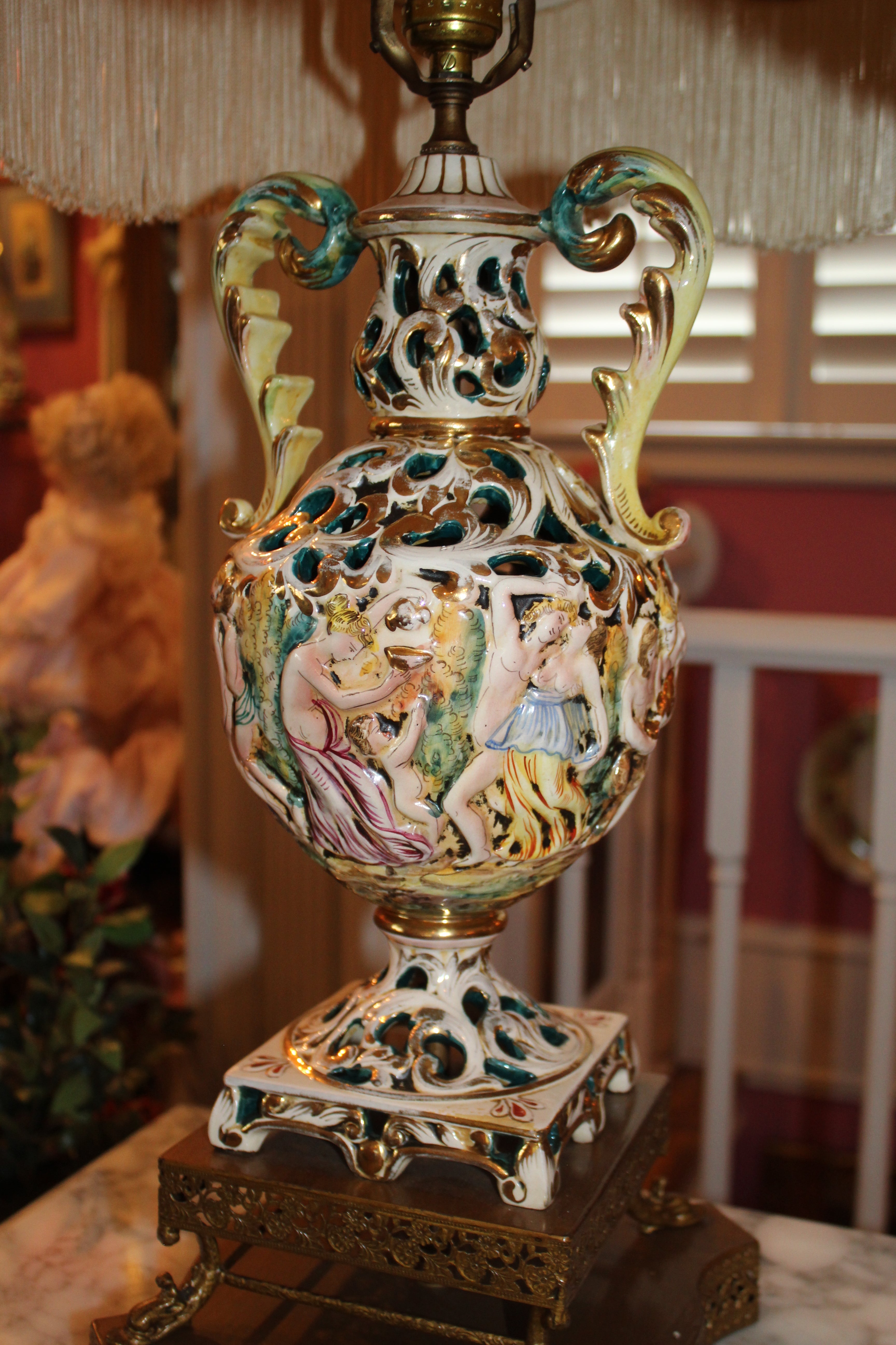 Pair of Vintage Capodimonte Style Porcelain Table Lamps with Shades – Figural Cherub Design
