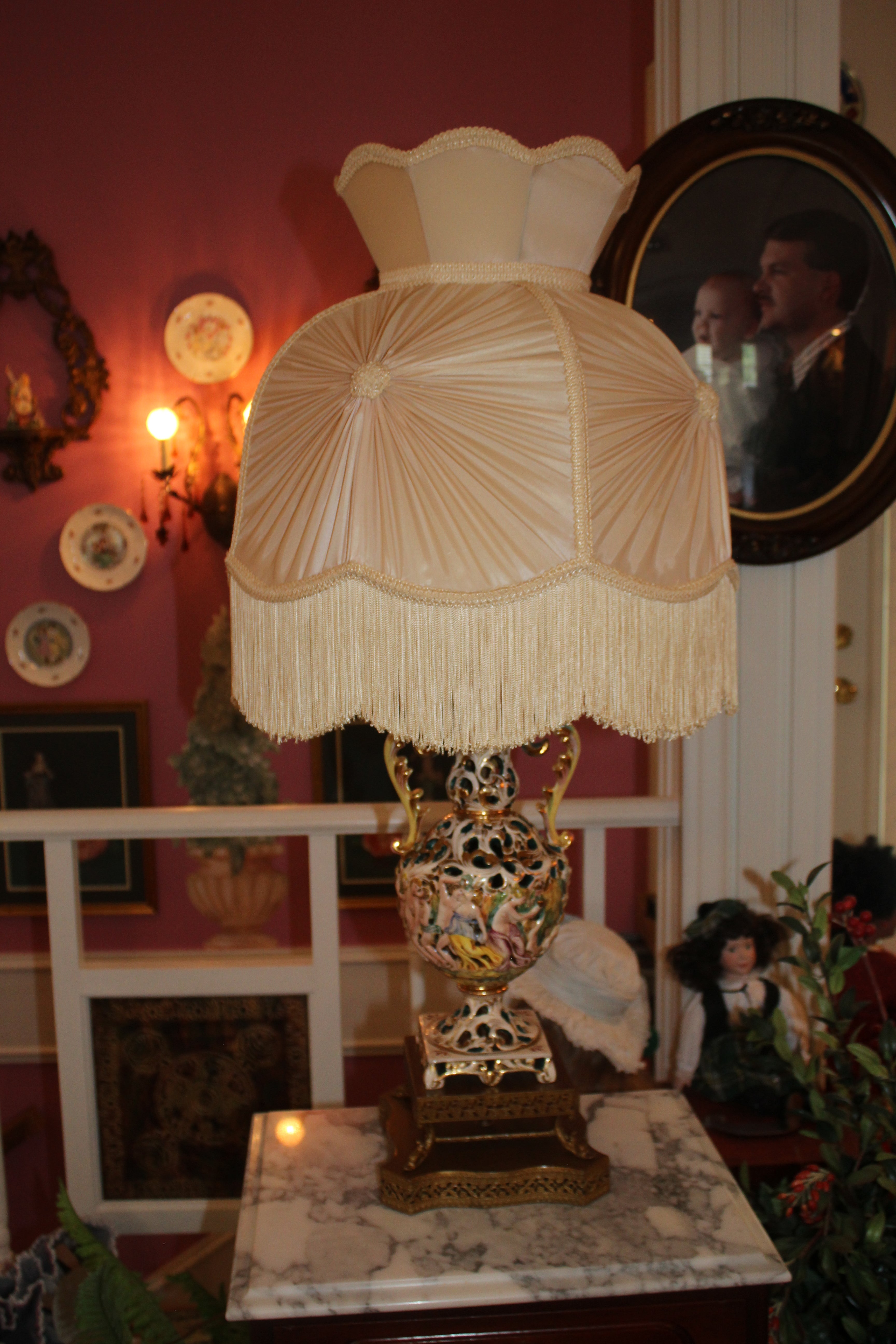 Pair of Vintage Capodimonte Style Porcelain Table Lamps with Shades – Figural Cherub Design