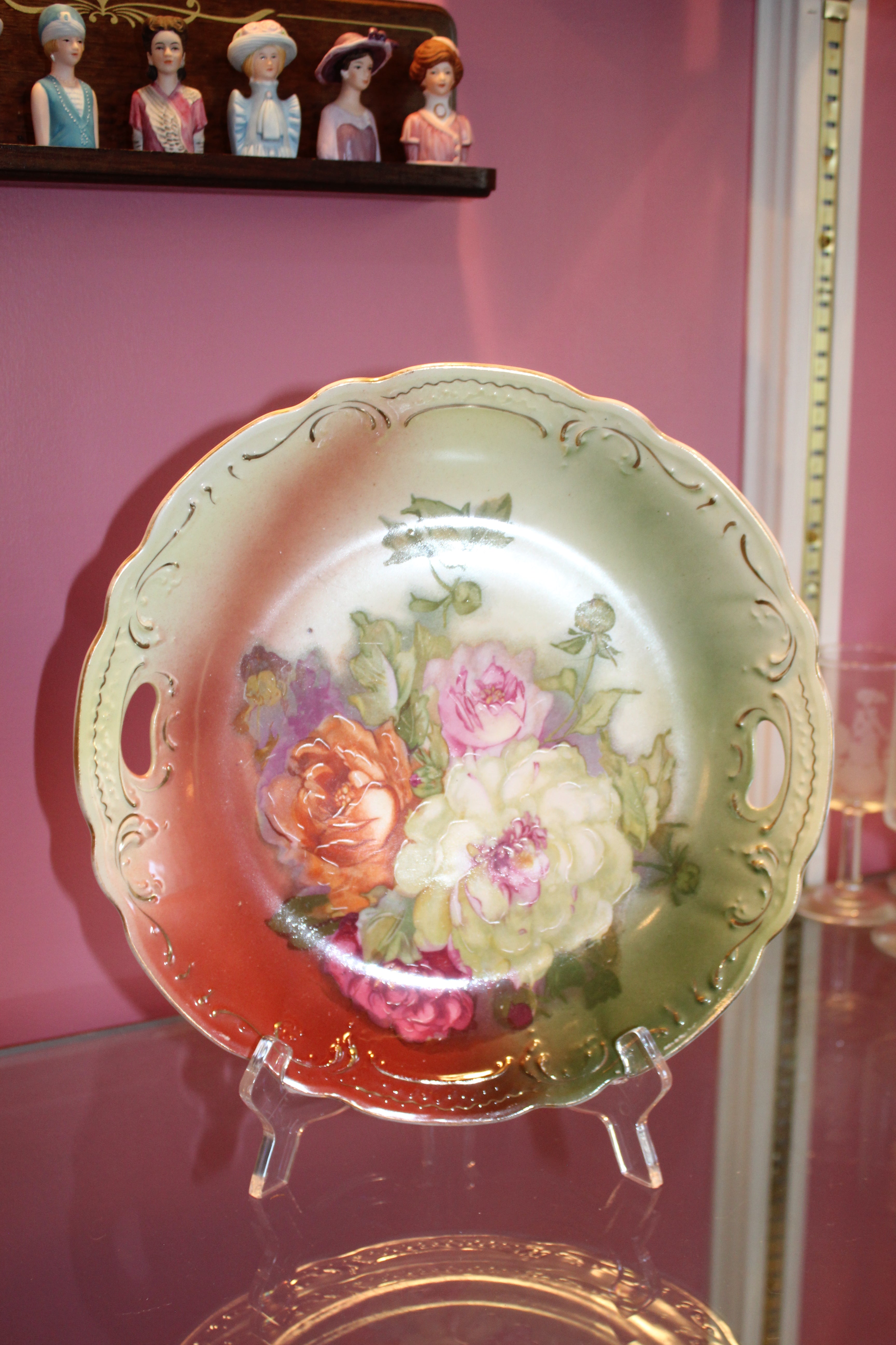 Vintage Hand-Painted Floral Porcelain Serving Plates – Set of 2 Scalloped Handle Plates 10.5”